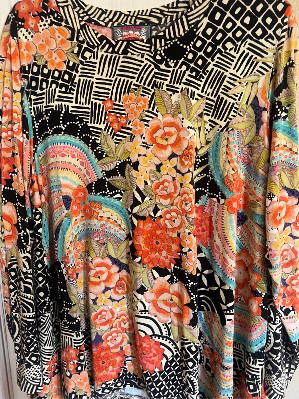 Johnny Was Colorful Floral Black Long-Sleeve Top - Lightweight Blouse sz xxl